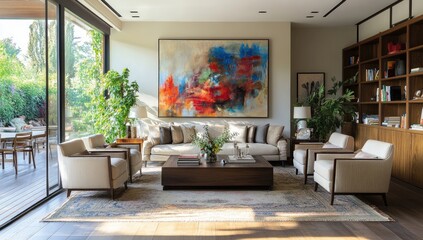 Modern living room with large abstract painting, beige sofas, wooden floors, and built-in bookcase