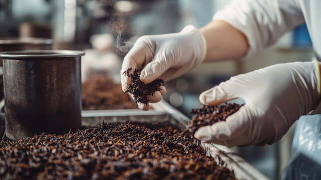 workers wearing white gloves sorting dried tea leaves in a tea industry factory.