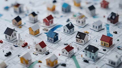 Detailed city map with small scale architectural models showcasing a real estate planning and development project  Visualizing the potential layout design