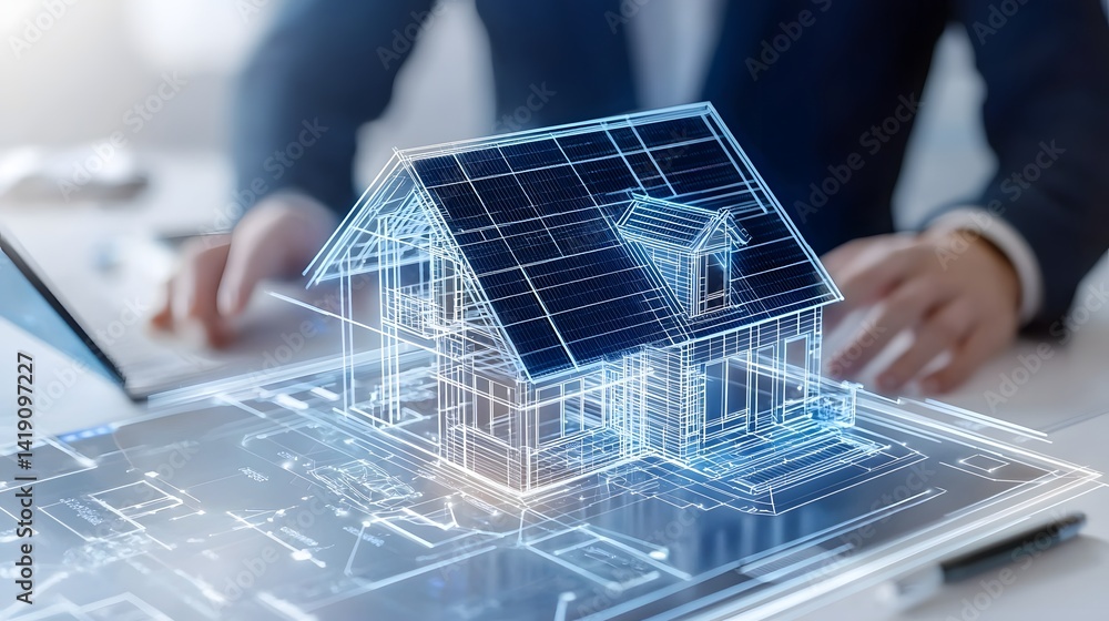 Poster businessman reviewing glowing 3d house blueprints and architectural plans on computer screen during 