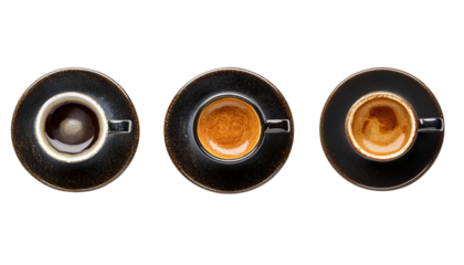 Three coffee cups with different mottled textures and styles, black cup saucer, on Png Format and Transparent Background