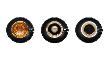 Three coffee cups with different mottled textures and styles, black cup saucer, on Png Format and Transparent Background