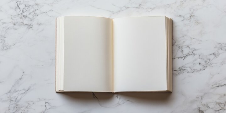 Blank open book on marble surface for creative inspiration and design templates