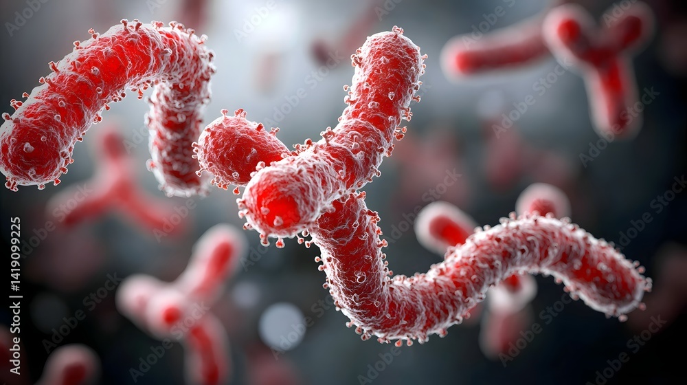 Poster closeup digital rendering of glowing streptococcus bacteria cells viewed under a microscope microsco