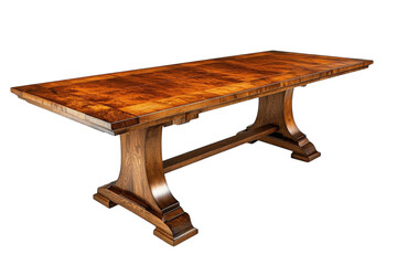 Elegant handcrafted farmhouse dining table rich dark wood grain sturdy trestle base isolated on transparent background