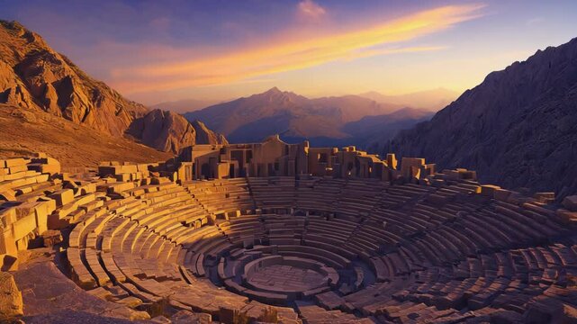 Elevated view of a classical open-air theater amidst rugged mountains under a vibrant orange sunset sky