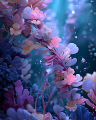 Surreal underwater garden sprouting from emotional icons like hearts tears and smiles transforming into coral flora in pastel tones symbolizing emotional healing through nature
