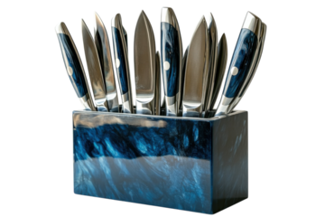 Elegant knife set in a sleek blue resin block showcasing sharp blades and exquisite on transparent background