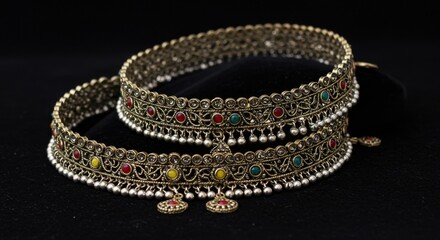 Ornate Gold and Silver Anklets with Red, Green, and Yellow Gemstones