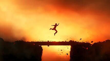 Obraz premium A young fearless warrior heroically jumps across a dilapidated bridge suspended over a raging lava river in a dramatic cinematic cartoon inspired landscape