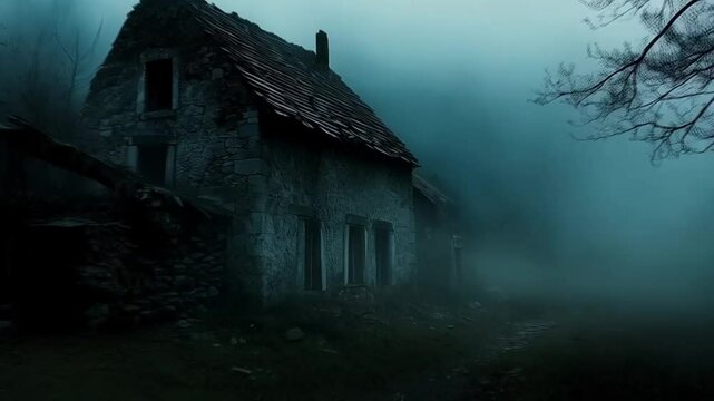 Abandoned house shrouded in mist, radiating eerie and desolate stillness.