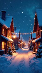 Snowy village streets at night with Christmas lights , village, winter, snowy