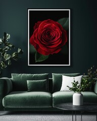 Elegant Living Room With Framed Red Rose Artwork and Comfortable Green Sofa
