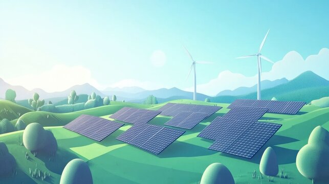 Rows of solar panels and wind turbines on green landscape - hybrid renewable energy generation concept