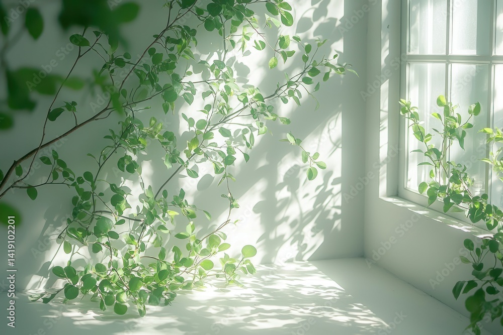 Poster sunlight streams through window, illuminating greenery