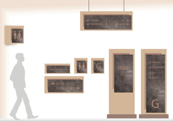 Wayfinding system signage mockup set, Direction signs, Exterior and interior way finding design, Shopping mall navigation mock up, Public place and commercial building information, Vector