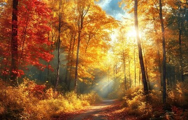 Fototapeta premium Autumn forest path with sunlight and colorful leaves