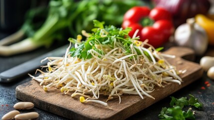 A fresh bunch of bean sprouts piled on a wooden chopping board, with a knife and other fresh vegetables in the background, ready for cooking.