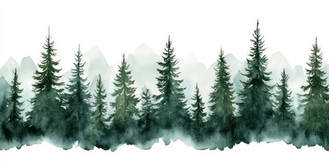 Watercolor green pine forest seamless pattern holiday winter Christmas New Year landscape hand-painted nature decoration horizontal design