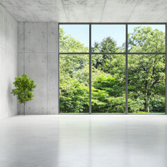 Fototapeta premium Modern minimalist interior space with large windows and greenery