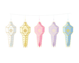 Thai lanterns garland. Pastel colors. Culture and religious. White, yellow, pink, purple and blue elements. Postcard. Decor. Icon. Holiday. Festive.