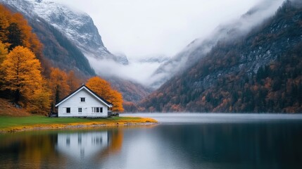 Fototapeta premium Serene mountain chalet by a tranquil lake in autumn