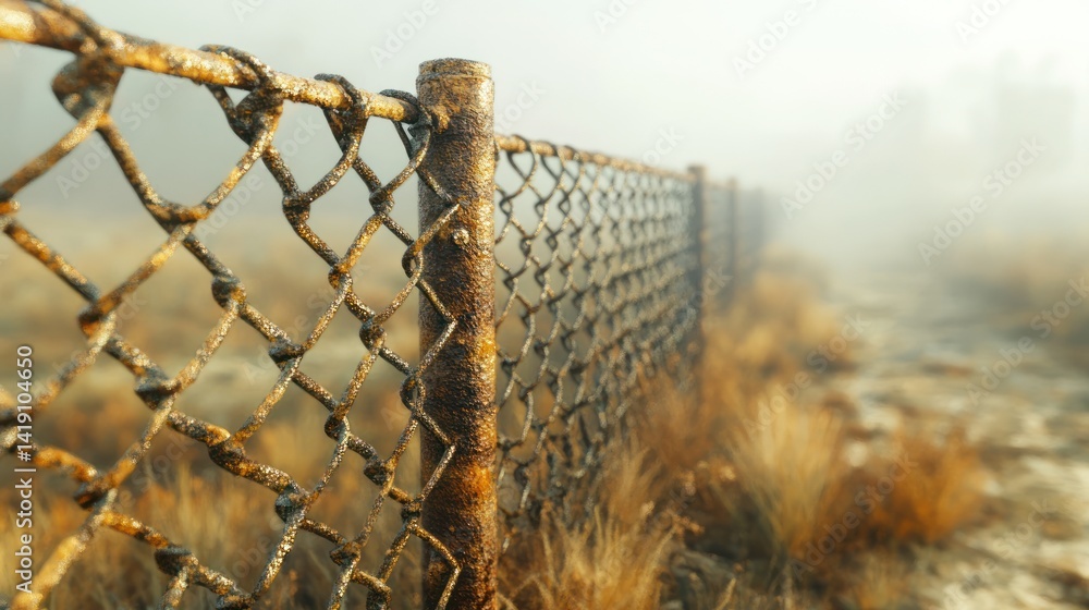 Poster metallic chain-link fence photorealistic texture reflective surface overcast light shallow depth of 