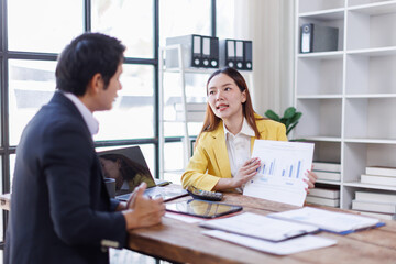 Fototapeta premium Team of Business people advisor, business people talking, planning analyze investment and marketing on tablet in office. 