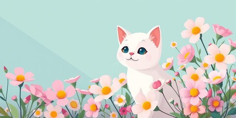 Simple flat illustration of a cute white cat amidst pastel flowers, pastel, pet illustration