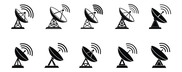 Set of silhouette satellite dish antenna, Vector Art & Illustration, Dish antenna icon, on a white background