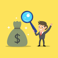 Business Man Holding Magnifying Glass Searching Money. illustration vector cartoon.
