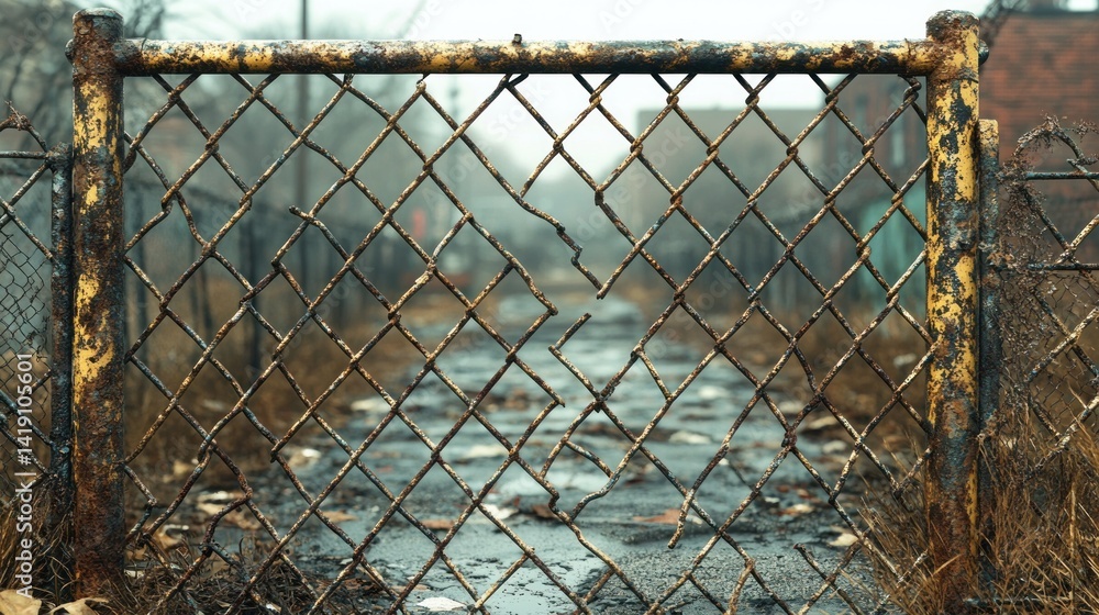 Poster hyperrealistic metallic chain-link fence reflective texture natural light overcast sky shallow depth