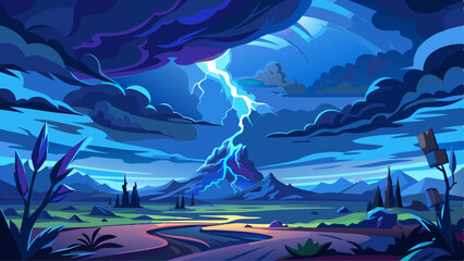 Obraz premium Dramatic nighttime scene with vibrant blue lightning striking a dark, stormy sky above a flat landscape