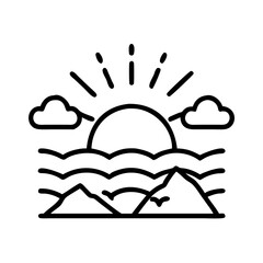 Sunset over ocean waves and mountains line art vector illustration scenic landscape drawing