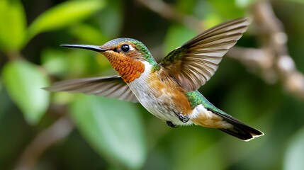 Fototapeta premium Stunning hummingbird in flight against lush foliage