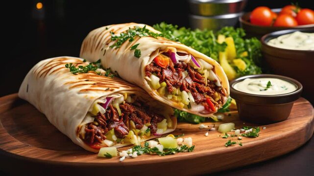 Shawarma on a wooden tray. Shawarma, gyro, fresh roll of lavash, doner kebab with steam. Beef, pickled cucumber, carrot. Served on wooden plate. Traditional Eastern oriental snack, street food menu.