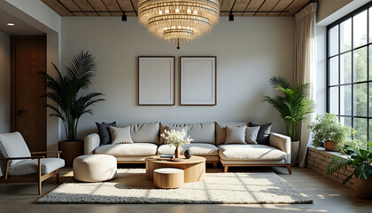 Minimalist living room render light beige contemporary design [with copy space]