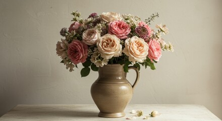 Pastel Pink and Peach Rose Bouquet in Vintage Vase