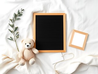 Pregnancy announcement mockup - Blank black letterboard with teddy bear and photo frame mockup