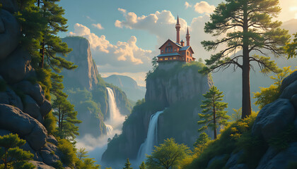 Whimsical house perched fantastic on clifftop overlooking valley with waterfalls