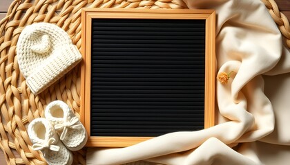 Warm Woody Blank Black Felt Letterboard mockup with baby boots and crochet baby beanie perfect for pregnancy announcement or baby shower invitation background template