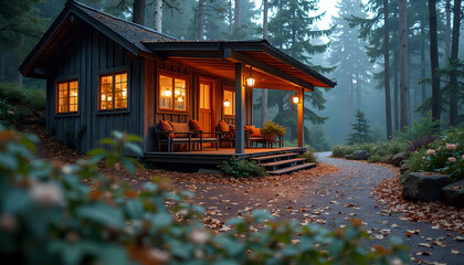 Cozy cabin illuminated warm nestled in misty autumn forest [with copy space]