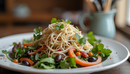 Spaghetti salad fresh colorful representing healthy eating