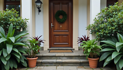 Welcoming house entrance with wooden door and potted plants decoration