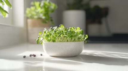 A healthy green sprout growing in a small bowl, with a few bean sprouts scattered around the base, placed on a clean white countertop.