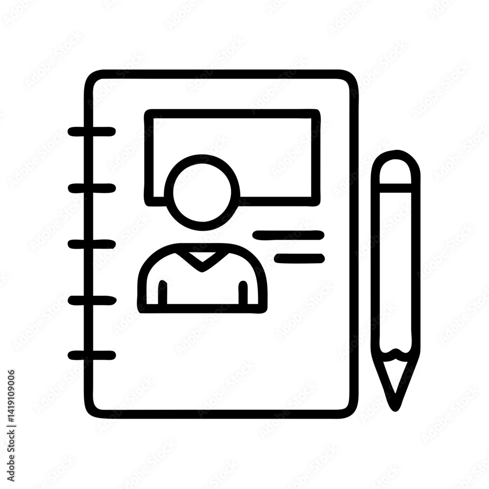 Poster address book contact list with pencil icon for business networking and user profile data info