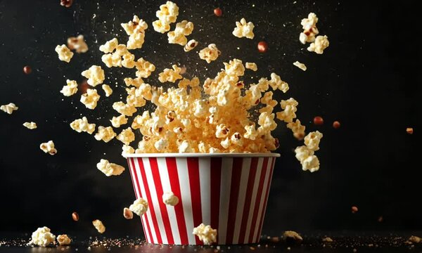 Slow Motion Popcorn Falling Into Classic Striped Bucket Dramatic High Contrast Cinematic Shot Created with Generative AI Technology
