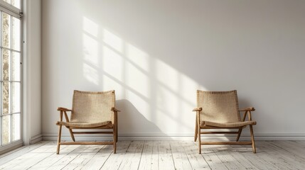 Two minimalist chairs sit in a bright and airy room
