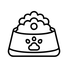 Dog food bowl vector illustration, pet food dish with paw print, animal feeding supply outline