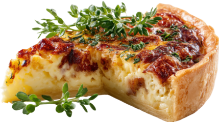 Gourmet Quiche: A culinary masterpiece showcasing a savory slice of gourmet quiche, with a golden crust and a creamy filling. It's a delicious experience, with fresh herbs adorning.